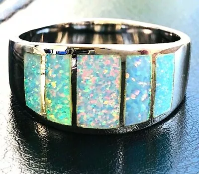 Superb BABY BLUE Five Large Opals Wide Window Band Men's Ring Gold Pink 15.5 Z+ • $279