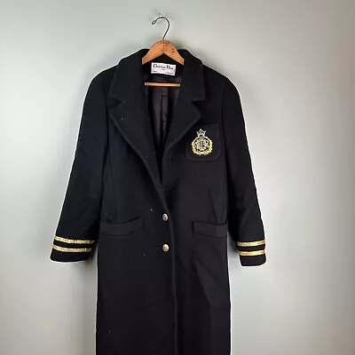 Christian Dior Vintage Black Wool Long Coat Military Style Size 8 Winter Coat • $90.99