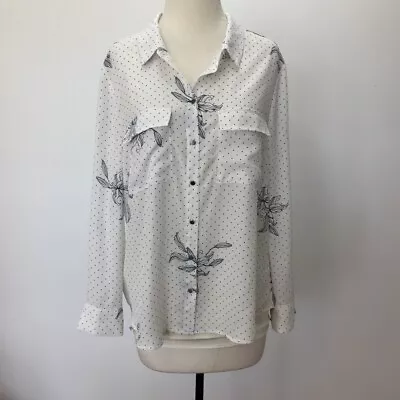 Basque Size 14 Petite Womens White Black Floral Button Up Sheer Shirt Roll Tab • $22.99