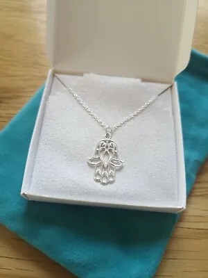 Genuine 925 Sterling Silver Hand Of Hamsa Pendant Charm Necklace - Gift Boxed • £12.99