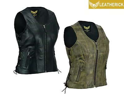 Ladies Leather Vest Laced Up Vintage Motorcycle Club Leather Sleeveless Jacket • $79.99