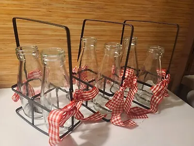 Vintage Set Of 4 Milk Bottles Glass Creamer With Racks Holders Chicken Wire  • $22