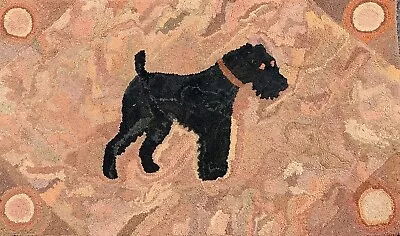 Wonderful Antique American Hooked Rug With  Schnauzer Dog And Bullseyes Corners. • $206.25