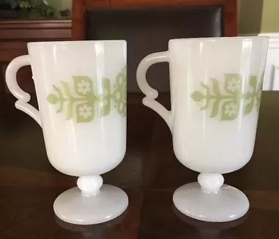 Pair Mid Century Modern Glass Pedestal Retro  Coffee Tea Cups Green Mod Flower • $12