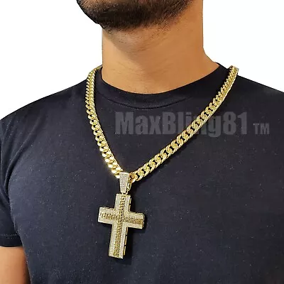 Hip Hop Jewelry Iced Large Gold Holy Cross Pendant & 10mm Cuban Chain Necklace • $16.99