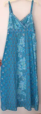 MONSOON VINTAGE Sz 18 INDIAN BLOCK PRINT MAXI DRESS TURQUOISE BLUE STRAPS PANELS • $43.54