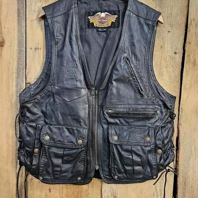 Vintage Harley Davidson Black Leather Biker Vest Lace Up Sides L/XL • $75