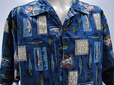 Malibu Dreams Hawaiian Shirt Fishing Canoes Blue Size XL 100% Cotton • $17.95