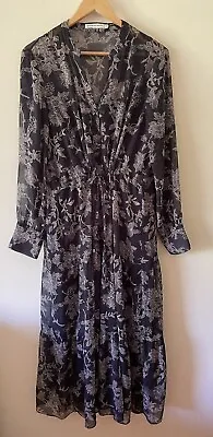 SPORTSCRAFT - Size 14 Or L Blue Floral Chiffon Overlay Drawstring Maxi Dress  • $39