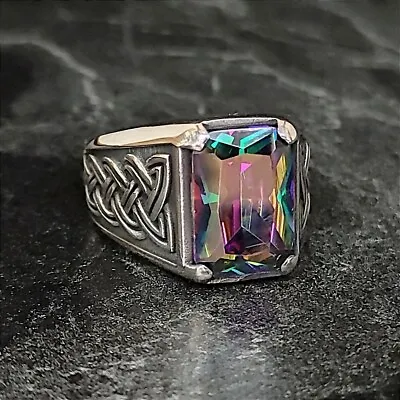 Men Square Mystic Topaz Gemstone Ring  Silver Rainbow Colorized Stone Ring • $57