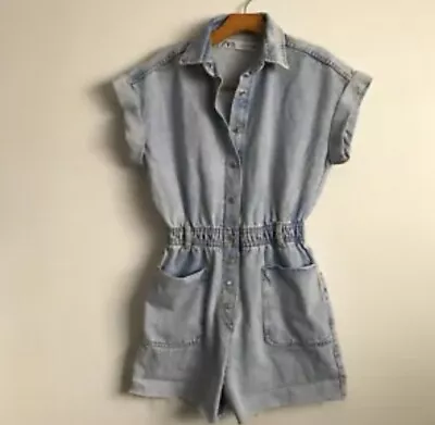 Zara Denim Playsuit S Blue Jean Medium Wash Collared Short Sleeve Elastic Waist • $25
