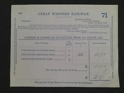 £1.85 • Buy Great Western Railway 1876 Dividend Statement For Half Year