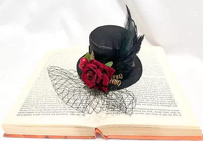 Austentation Victorian Steampunk Mini Top Hat Fascinator Black Satin Velvet Rose • $20