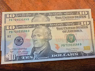 USD Notes/currency 10 Dollar Bills (2) 2017 RARE Sequential Numbering • $36