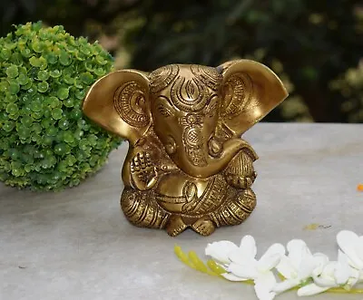 Brass Ganesha Idol Antique Golden Color Lord Ganpati Religious Temple Decor M14 • $125