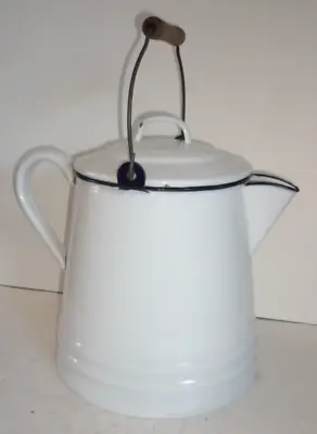 Vintage 2-Gallon Enamel Cowboy Coffee Pot White W/Blue Trim Country Farmhouse • $32.49