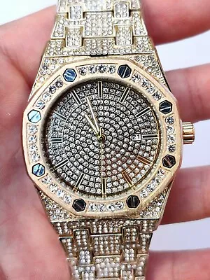 Fully Men Ice Watch Bling Rapper Lab Diamond Metal Band Gold Luxury Jewelry Rich • $29.98