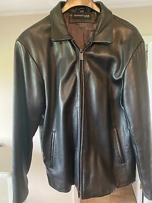 Kenneth Cole Jacket Mens Medium Black Leather Supple Lined Designer Bomber Real • $40