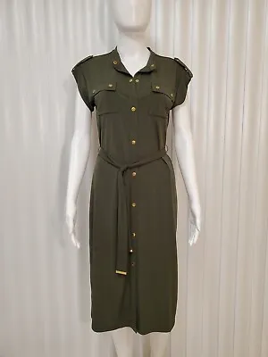 Michael Kors Dark Green Front Gold Snap/Button Cap Sleeves Shirt Dress Size S • $28