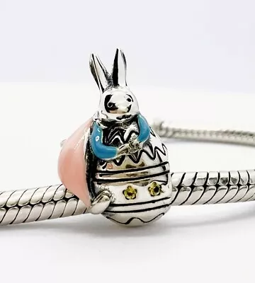 💖 Cute Easter Bunny Holding Egg Charm Bead Genuine 925 Sterling Silver 💖 • £18.95