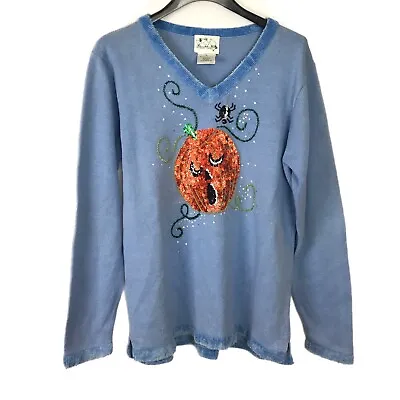 Quacker Factory Womens Halloween Pumpkin Sweater Sequin Long Sleeve Blue Size XL • $20.70