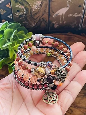 Boho Earth Witch Wrap Bracelet Gothic Pagan Wicca - Sunstone & Picture Jasper • £9.99