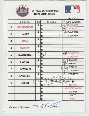 7-1-15 New York Mets Game Used Lineup Card - Bartolo Colon & Curtis Granderson • $49.99