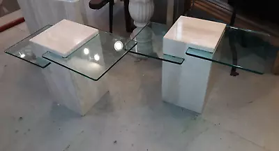 Pair Mid Century Modern Marble And Glass End Tables Travertine • $875