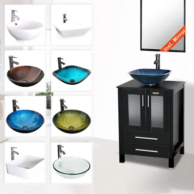 24 In Black Bathroom Vanity With Vessel Sink Set Cabinet  Faucet Drain Combo • $357.73