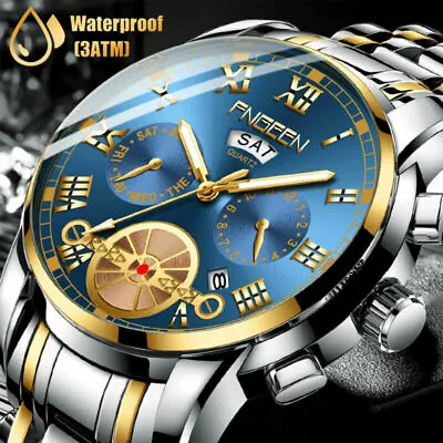 FNGEEN Men's Watch Relojes De Hombre Stainless Steel Quartz Classic + Box • £13.19