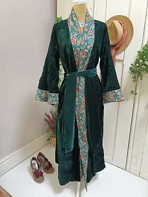Velvet & Cotton Dressing Gown Robe  Coat Green Revisable Small Medium 23/3 • £69.99
