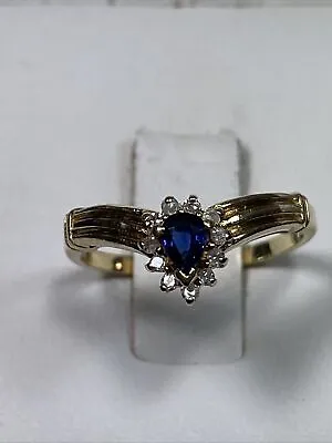 $150 • Buy #2331 10k Y/gold  V  Ring With Pear Shaped Sapphire Surrounded By Round Diamond