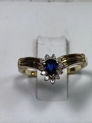 $150 • Buy #2331 10k Y/gold  V  Ring With Pear Shaped Sapphire Surrounded By Round Diamond