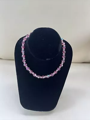 £14.83 • Buy Vintage Japan Shiny Pink White Chocker Faceted Glass Beads Necklace Barbie Deco