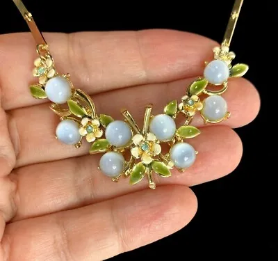 Original Vintage Faux Moonstone Cabochon Enamel Flowers Gold Plated Bar Necklace • $79.99