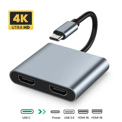 $31.99 • Buy 4 In 1 USB C To Dual HDMI Adapter 4K USB 3.0 Type C HUB Converter Port PD Charge