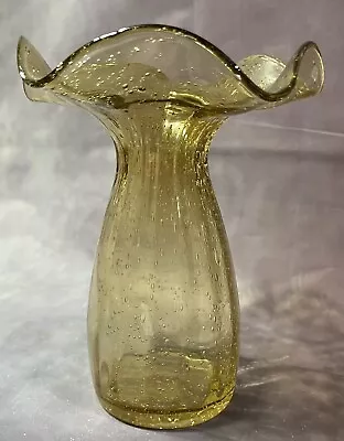 Amber Tone Art Glass Trumpet Vase W Scallop Edge MCM Murano Style Handblown ? • $24.99