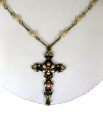 Michal Negrin Swarovski Crystal & Pearl Victorian Brass  Cross • $69.99