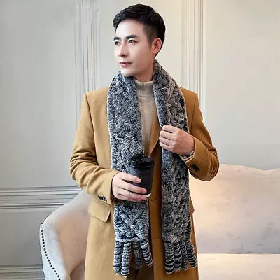 Men's Real Rex Rabbit Fur Scarf Winter Warm Neckerchief Hollow Out Weave Grey • $33.99