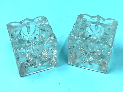 Vintage Mid Century Modern Set Of 2 Clear Glass Cube Candle Holders Starburst • $12.50