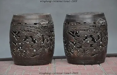 $1602 • Buy Marked Old Chinese Pure Bronze Dragon Phoenix Foo Dog Head Ancient Stool Drums