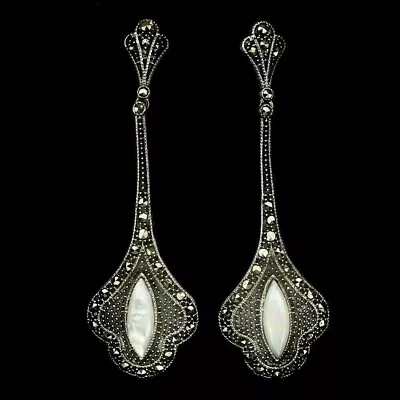 Sterling Silver Genuine Mother Of Pearl And Marcasite Art Nouveau Style Earrings • £61.74