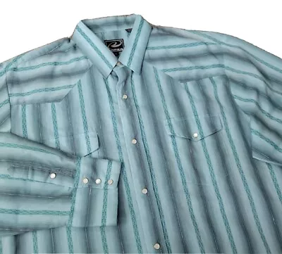 Roper Men's XL Teal Stripe Metallic Thread Western Casual Pearl Snap Shirt LS • $16.62