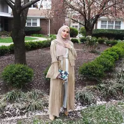 Elegant Muslim Pleated Abaya Tunic Dress Flare Sleeve Cardigan Long Robe Gowns R • $48