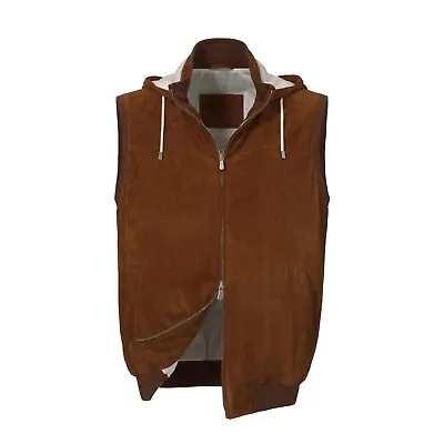 Hooded Leather Vest In Gingerbread Genuine Leather • $279