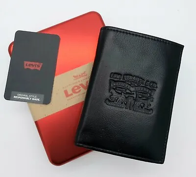 Genuine LEVI'S Black Leather Wallet *ID WINDOW* 2HORSES Cards Notes COIN POCKET • £45