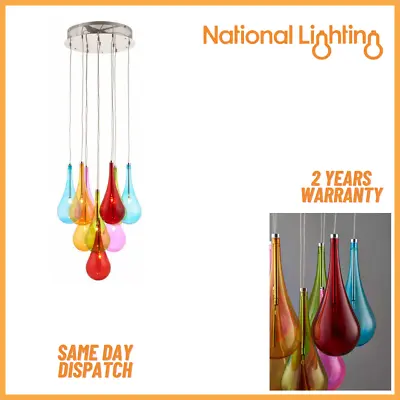 10 Light Pendant Chandelier Dimmable Ceiling Light Multi Coloured Glass Shade • £163.49