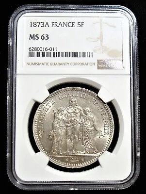 France: 1873-A Silver 5 Francs Gad-745a NGC MS-63. • $178.88