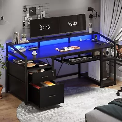 63  Computer Desk With LED Lights & Power Outlet Home Office Desk With Storage • $179.97