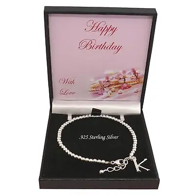 925 Silver Beads Bracelet Letter / Initial Charm Gift Woman Girl Adjustable • £29.99
